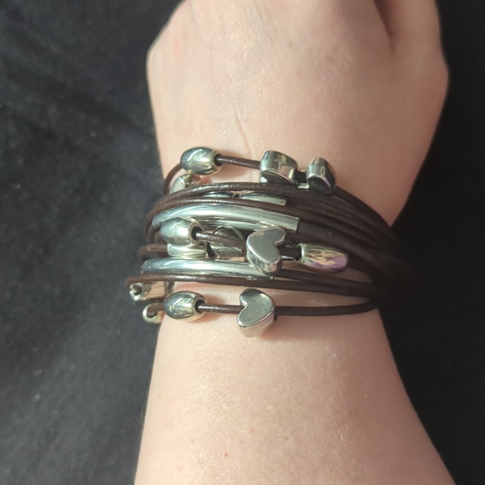 Silver Tone Brown Faux Leather Heart Beaded Magnetic Clasp Statement Bracelet